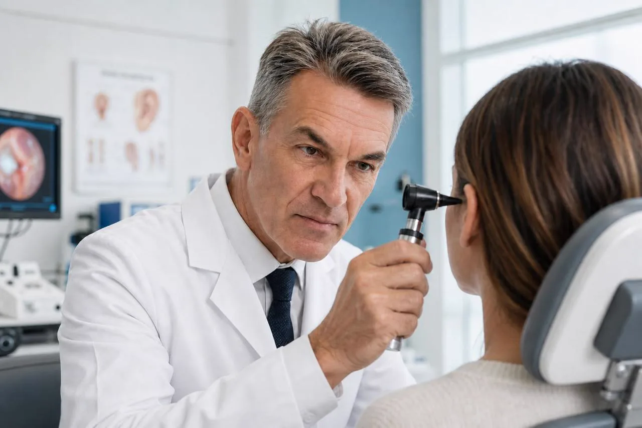Dr. Paulo Cesar Guedes examinando o ouvido de uma paciente com otoscópio no consultório