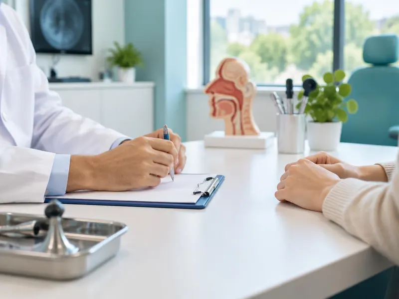 Médico fazendo anotações durante consulta com paciente em consultório claro